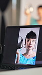 Laptop screen, photoshoot or woman with production, backstage and creative project. Computer, visual software or person in studio for digital art, capture picture or process for advertising design