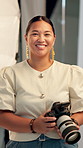 Face, photographer and happy woman in studio, camera or skills for creative photoshoot. Asian person, freelancer or tech for film production, equipment or start catalog for about us or videography