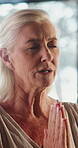 Meditation, prayer and old woman with mindfulness, mental health and peace with spiritual awareness. Zen, healing and senior person with stress relief, namaste and calm with wellness, relax and faith