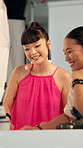 BTS, discussion and model with photographer in studio for collaboration on photoshoot for magazine. Happy, conversation and female people with photography feedback on set for filming review together.