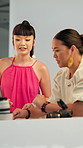 BTS, production and model with photographer in studio for collaboration on photoshoot for magazine. Happy, conversation and female people with photography feedback on set for filming review together.