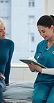 Doctor, old woman and tablet for consultation at clinic with wellness review, talk and questions. People, senior patient and medical professional with tech, app or advice in retirement at hospital