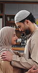 Muslim couple, kiss and love with devotion together for connection, commitment and bonding in faith. Marriage, loyalty and respect with people for Islam, support and healthy relationship in home