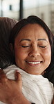Support, friends and women in house with hug, comfort or understanding in bonding together. Compassion, security or mature people in home with embrace, empathy or advice in emotional communication.
