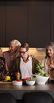Cooking, support and mature women in kitchen for dinner party, bonding together and meal prep. Social reunion, happy friends and conversation in home with salad recipe, hosting lunch and connection