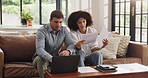 Documents, finance and laptop with confused couple on sofa for budget or investment analysis. Computer, paperwork and problem solving with people in home living room for financial review or solution