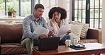 Documents, finance and stress with couple on sofa in home for budget or investment analysis. Anxiety, computer and paperwork with people in apartment living room for debt review or financial solution