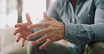 Hands, person and talk for psychology, therapy or help with anger management in session. Man, counseling and mental health patient in office for stress, support or advice for trauma in consultation