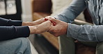Holding hands, support and couple in home for care, comfort or bonding together in living room. Trust, empathy and people for connection with commitment, hope or marriage with compassion in apartment