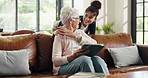 Smile, caregiver and old woman with tablet at house for checkup, support and medical results. Happy, nurse and senior person with digital, assisted living and telehealth app for healthcare assessment