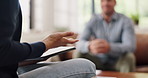Hands, notebook and talk with therapist for counseling, stress or mental health assessment. Psychology, client and consultation with feedback for support, help and person with depression in office