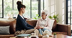 Healthcare, holding hands or wellness with nurse and old woman on sofa in home for medical checkup. Conversation, support or visit with caregiver and senior patient in apartment for assisted living