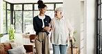 Walking stick, volunteer or old woman in nursing home, talking or mobility assistance for retirement. Community service, cane or senior person with disability in hospice,  support or chat with helper