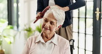 Hairbrush, talk or old woman with volunteer in nursing home, grooming assistance or retirement support. Hair care, community service or senior person with disability in assisted living, chat or help