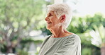 Morning, smile and thinking with old woman outdoor for inspiration, reflection or wellness. Nostalgia, summer and weekend with happy senior person in nature park for break, memories or retirement