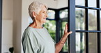 Thinking, smile and senior woman by window with happy memory, calm and morning reflection in home. Remember, peace or old female person in living room with decision, inspiration or retirement