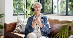 Headphones, breathing or senior woman on couch, meditation guide track or listening for relaxation. Exhale, audio instructions or old person with tech in home, mindfulness narrative or center energy