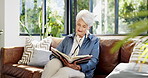 Relax, book and old woman on couch with reading, calm or literature insight on weekend break. Free time, knowledge or elderly person in home with story, peace or information guide in retirement hobby