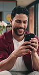 Man, smile and social media in home with phone, thinking and notification for dating app on weekend. Happy, person and good news on sofa with tech, text message and network for digital communication.
