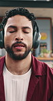 Man, phone and headphones for meditation house with podcast, breathing technique and zen. Person, mobile and streaming for audio therapy, mindfulness guidance and listening to music for stress relief