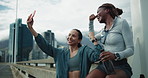 Fitness, friends and women with selfie on city road, post workout picture and social media update. Runner, flexing and people with smile for complete training, bonding memory and review photography