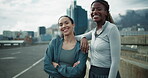 Runner, face and laugh with women in city for workout partner, health and training as friends. Running team , wellness and exercise club with people outdoor for fitness, athlete and support together