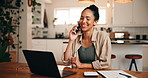 Happy woman, laptop and home with phone call for finance advice, help or virtual assistance. Female person, financial advisor or remote work with computer or mobile smartphone for asset management