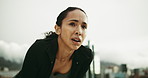 Tired, woman and breathing for fitness outdoor with burnout, exercise challenge and break. Low angle, exhausted or female person with fatigue, intense training and cardio recovery from sports workout