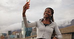 Earphones, fitness or black woman with selfie on city road, post workout picture or social media update. Photography, tech or happy runner with flex for complete training, pride or sports influencer