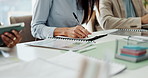 Business woman, hands and writing with book in meeting for schedule planning, agenda or tasks. Female person, employee or taking notes with diary for reminder, project ideas or report in workplace