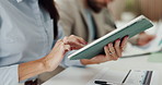Woman, hands and research with tablet for project management, tasks or agenda in office. Closeup, female person or employee scrolling with technology for business schedule or report in workplace