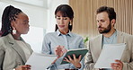 Tablet, document or business people with discussion in office, proposal review or meeting for investment. Trading project, talking or team with research for options, tech or explain risk for feedback