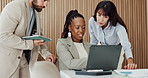 Laptop, meeting and business people in office for review on finance report for budget plan. Computer, discussion and financial advisors with manager for feedback on investment proposal in workplace.