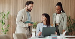 People, conversation and review in office with laptop, digital marketing campaign and manager opinion. Team, management and talk in workplace with computer, advice and collaboration for advertising.