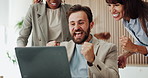 Laptop, team and celebration with business people for success, financial target or clap in office. Win, computer and excited group with achievement, investment profit and well done with fist pump