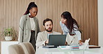 Laptop, talking or business people with meeting in boardroom, budget discussion or department limit review. Speaking, teamwork or group with tech for planning, wealth management or money distribution