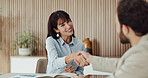 Woman, handshake and teamwork with report, office and research for investment opportunity or meeting. Corporate, wealth manager and people with document for risk assessment, shaking hands and talking
