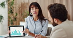 Woman, talking and teamwork with tablet screen, office and graphs for investment opportunity or talk. Corporate, wealth manager and people with tech for risk assessment, meeting and plan with data