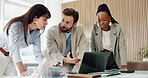 Group, talking and teamwork with laptop, office and planning for investment opportunity and meeting. Corporate, wealth manager and people with tech for risk assessment, collaboration and discussion