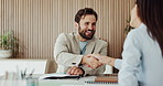 Woman, man and happy with handshake for deal, success and motivation for b2b agreement at finance company. Business people, smile and shaking hands with paperwork, thanks or collaboration at agency