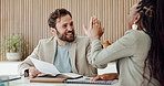 Discussion, high five and businessman with client in office for finance planning with budget. Celebration, meeting and male financial manager with customer for investment proposal in collaboration.