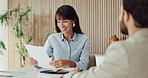 Happy, woman and people with documents, office and planning for investment opportunity or discussion. Talking, wealth manager and colleagues with report for risk assessment, collaboration and meeting