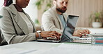 Hands, woman and typing on laptop at agency for editing news article, publication or story research. Staff, female journalist and technology at desk for submission draft, editor feedback or coworking