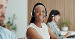 Headset, team and face of woman in call center for lead generation, online sales or about us. Telemarketing, coworking or happy consultant with microphone for outbound assistance or product knowledge