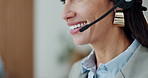 Business, woman and headset at call centre in office for consulting, customer service and advice, Smile, female agent and mic for online query, client support and crm feedback of technical assistance