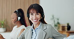Headset, coworking and face of woman in call center for customer support, help desk or about us. Happy agent, staff or mature person with microphone for inbound assistance, friendly service or advice