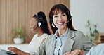 Microphone, coworking and face of woman in call center for customer support, help desk or about us. Happy agent, staff and mature person with tech for inbound assistance, friendly service and advice