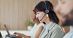 Team, woman and talking with headset in call center for lead generation, product knowledge or offer. Mature person, friendly agent and chat to outbound client for telemarketing, upsell and coworking