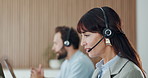 Woman, talk and headset at call centre in office for consulting, customer service and advice, Agent, coworking and mic with online query, client support and crm feedback for technical assistance
