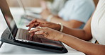 Typing, laptop and hands of businesswoman at workshop in office for finance planning with company budget. Tech, meeting and financial advisor with computer for investment information in workplace.